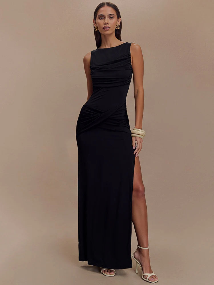 Backless Ruched Maxi Tank Dress with Split