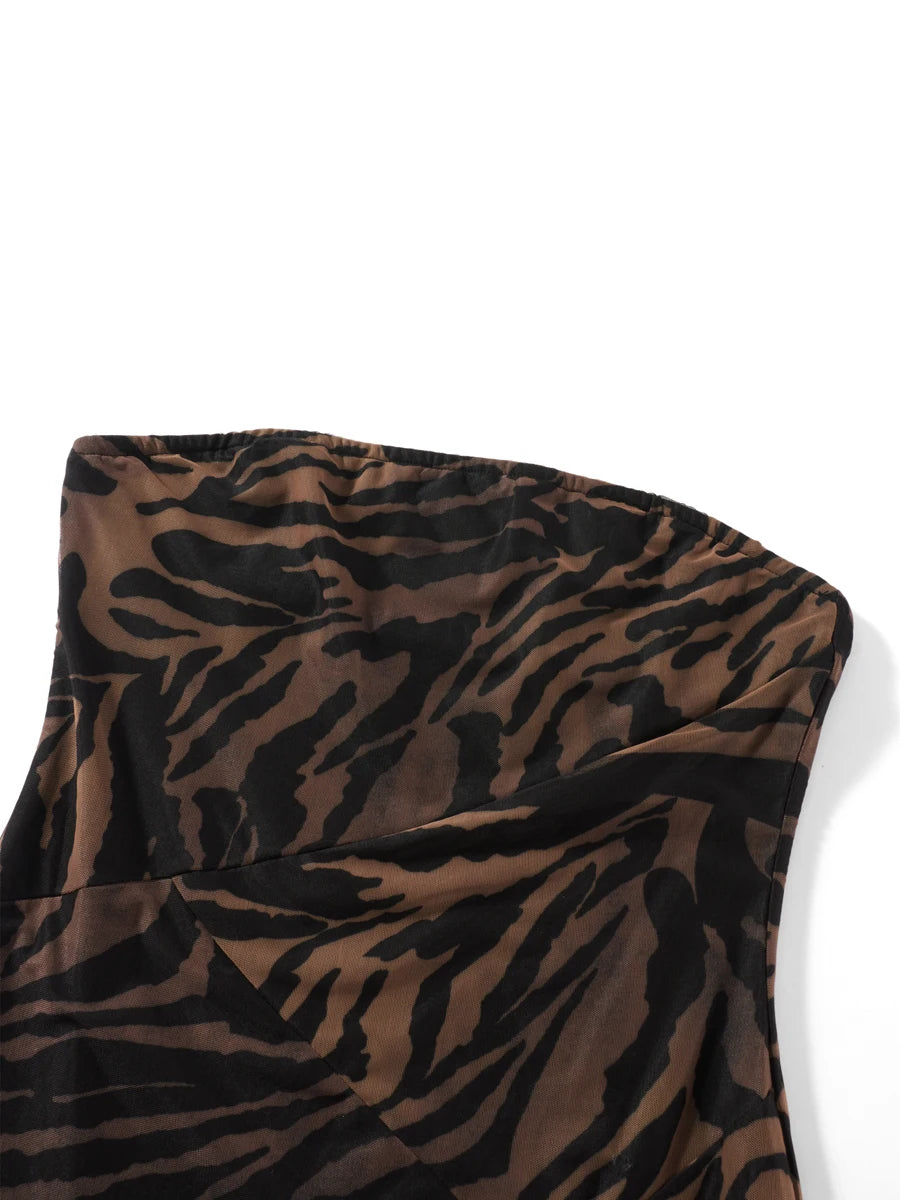 Women's Chest Wrapping Dress Slim Sexy Backless Mesh Patchwork Tropical Leopard Print High Slit Long Dress for Party Club Night