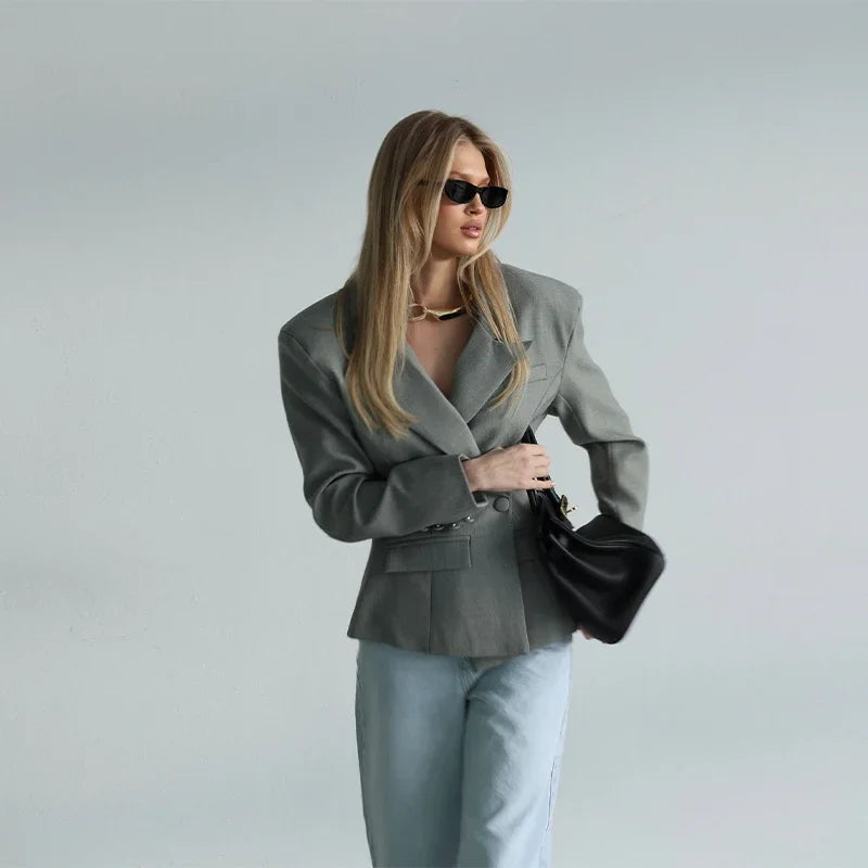 Elegant Shawl Collar Women Blazer Jacket Slim Single Button Long Sleeve Lapel Female Coat 2025 Spring Autumn New Lady Streetwear