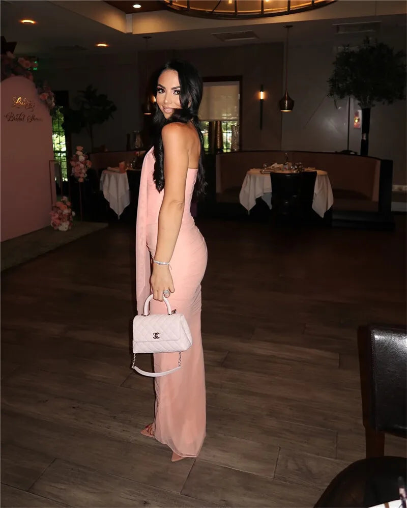 Mozision Wine Red Sexy Two Piece Sets Women Neckerchief Strapless Crop Tops And Maxi Skirt Sets Club Party Skirt Two Piece Sets