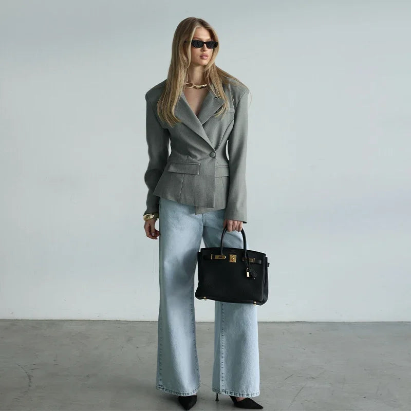 Elegant Shawl Collar Women Blazer Jacket Slim Single Button Long Sleeve Lapel Female Coat 2025 Spring Autumn New Lady Streetwear