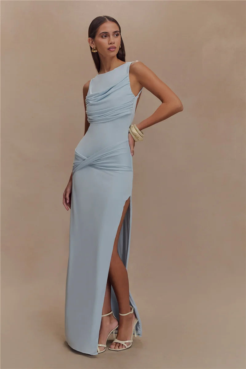 Backless Ruched Maxi Tank Dress with Split