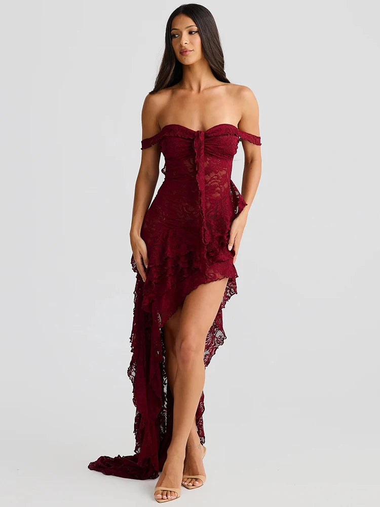 Mozision Lace Ruffle Sexy Maxi Dress Summer Off-shoulder