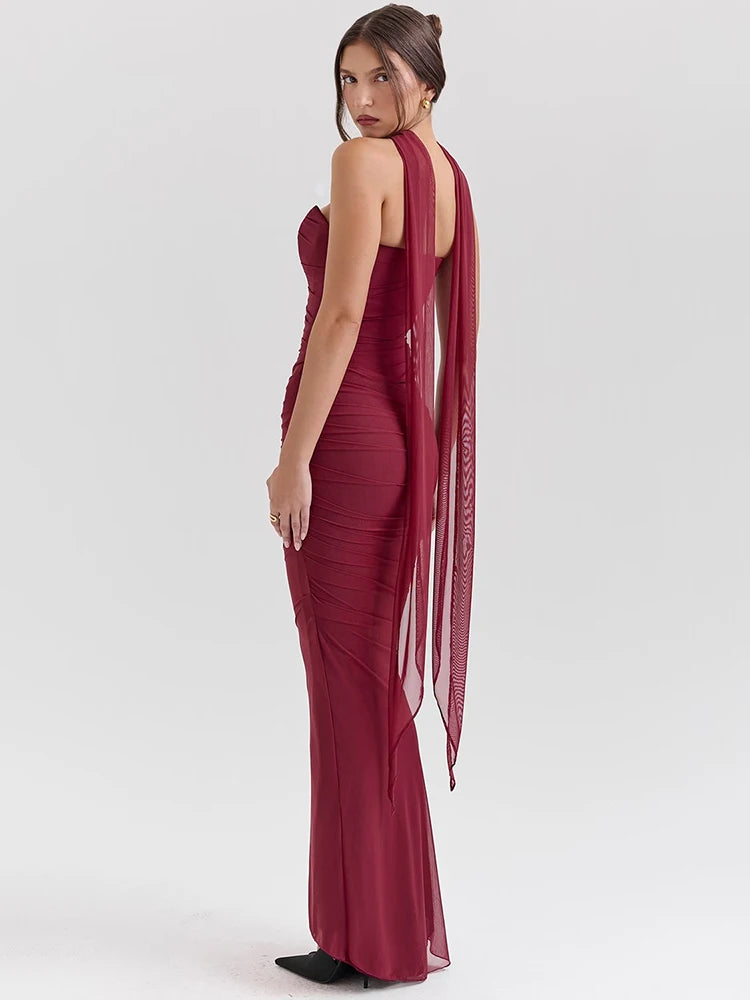 Mozision Wine Red Sexy Two Piece Sets Women Neckerchief Strapless Crop Tops And Maxi Skirt Sets Club Party Skirt Two Piece Sets