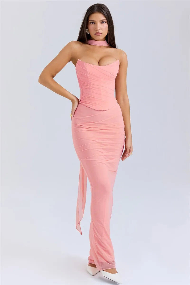 Mozision Wine Red Sexy Two Piece Sets Women Neckerchief Strapless Crop Tops And Maxi Skirt Sets Club Party Skirt Two Piece Sets