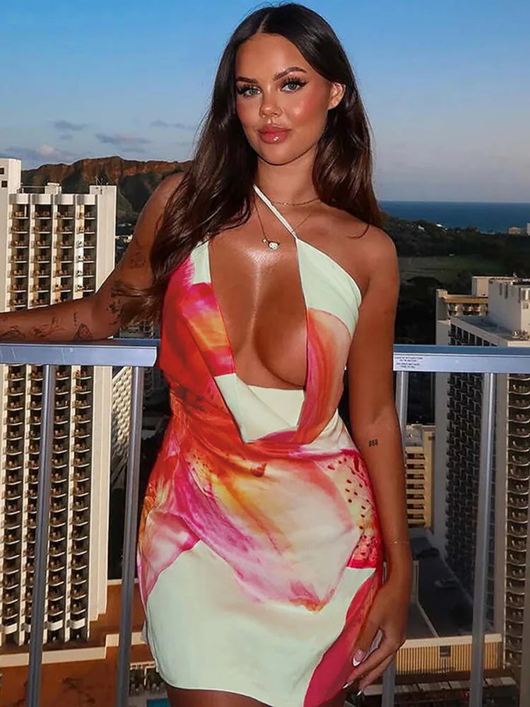 Mozision One Shoulder Backless Print Sexy Mini Dress Women Summer New Hollow Out Sleeveless Ruched Beach Club Party Dress
