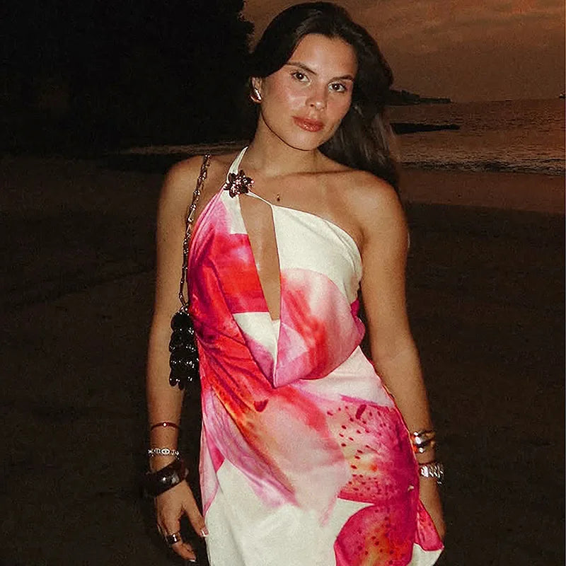 Mozision One Shoulder Backless Print Sexy Mini Dress Women Summer New Hollow Out Sleeveless Ruched Beach Club Party Dress