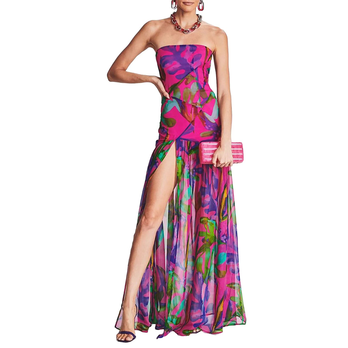 Women's Chest Wrapping Dress Slim Sexy Backless Mesh Patchwork Tropical Leopard Print High Slit Long Dress for Party Club Night