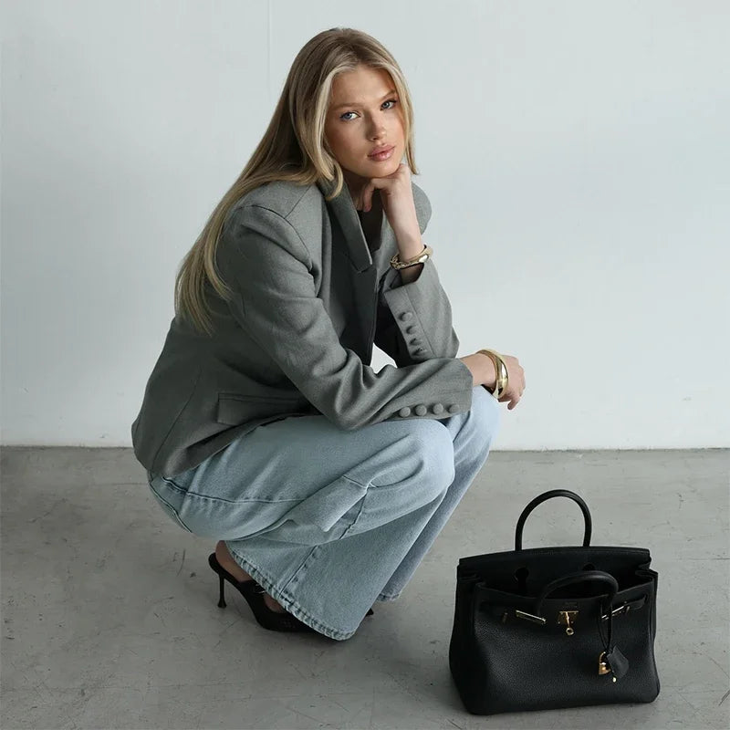 Elegant Shawl Collar Women Blazer Jacket Slim Single Button Long Sleeve Lapel Female Coat 2025 Spring Autumn New Lady Streetwear