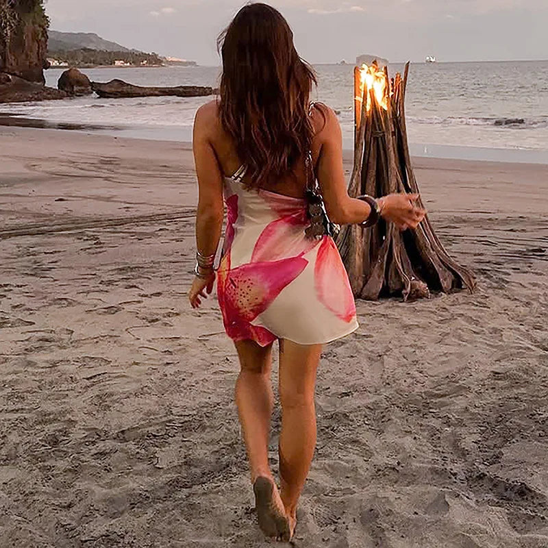 Mozision One Shoulder Backless Print Sexy Mini Dress Women Summer New Hollow Out Sleeveless Ruched Beach Club Party Dress