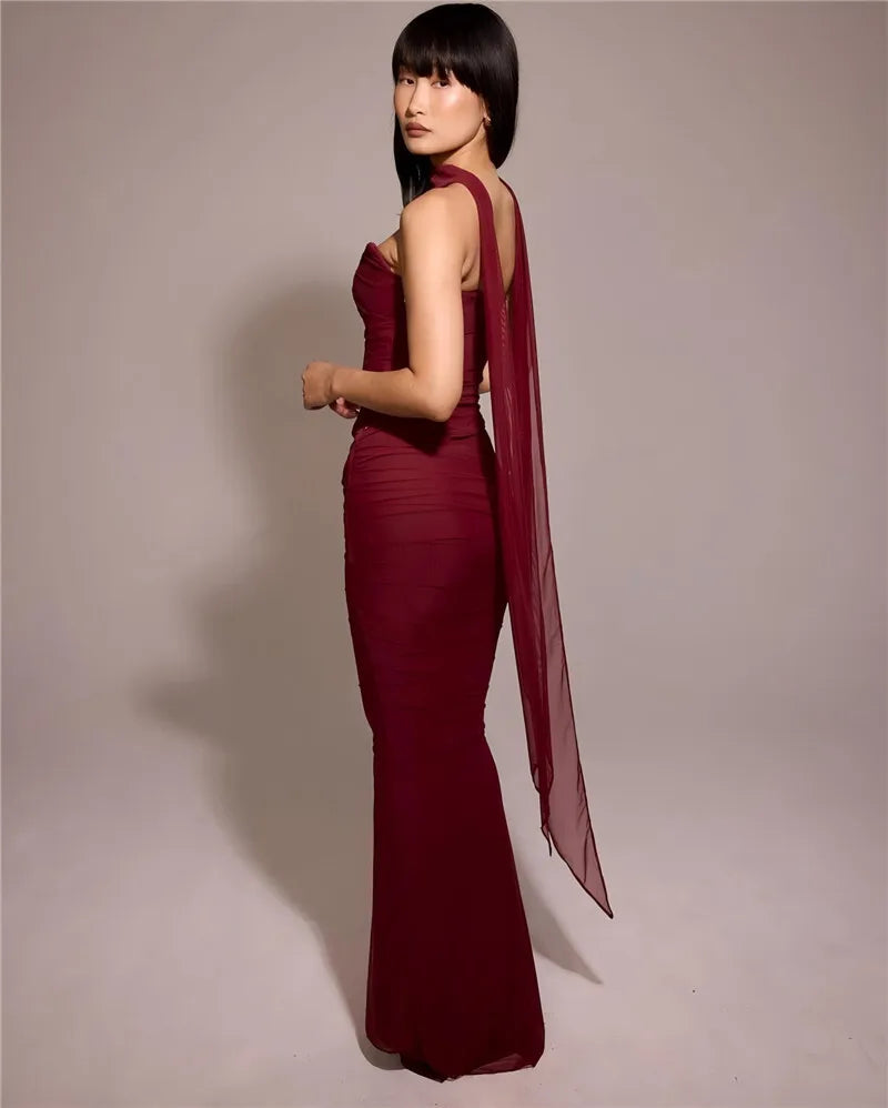 Mozision Wine Red Sexy Two Piece Sets Women Neckerchief Strapless Crop Tops And Maxi Skirt Sets Club Party Skirt Two Piece Sets
