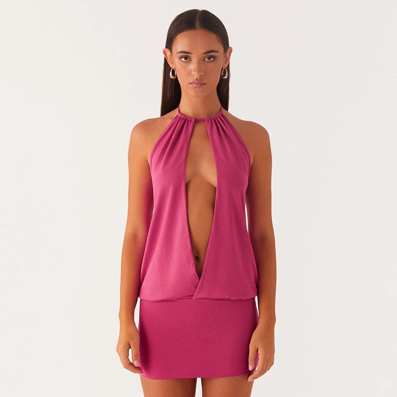 Hollow Out Sexy Hanging Neck Low-Cut Backless Sleeveless Mini Dress
