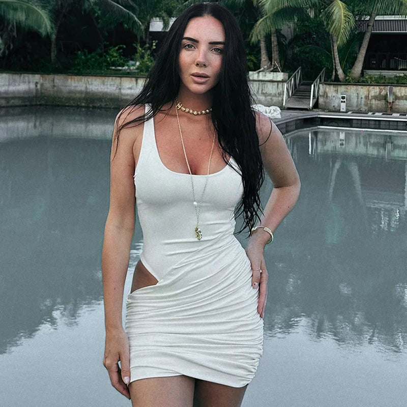 Solid Color U-Neck Sleeveless Waist Hollow Out Sexy Vest Package Hip Dresses Causal Simple