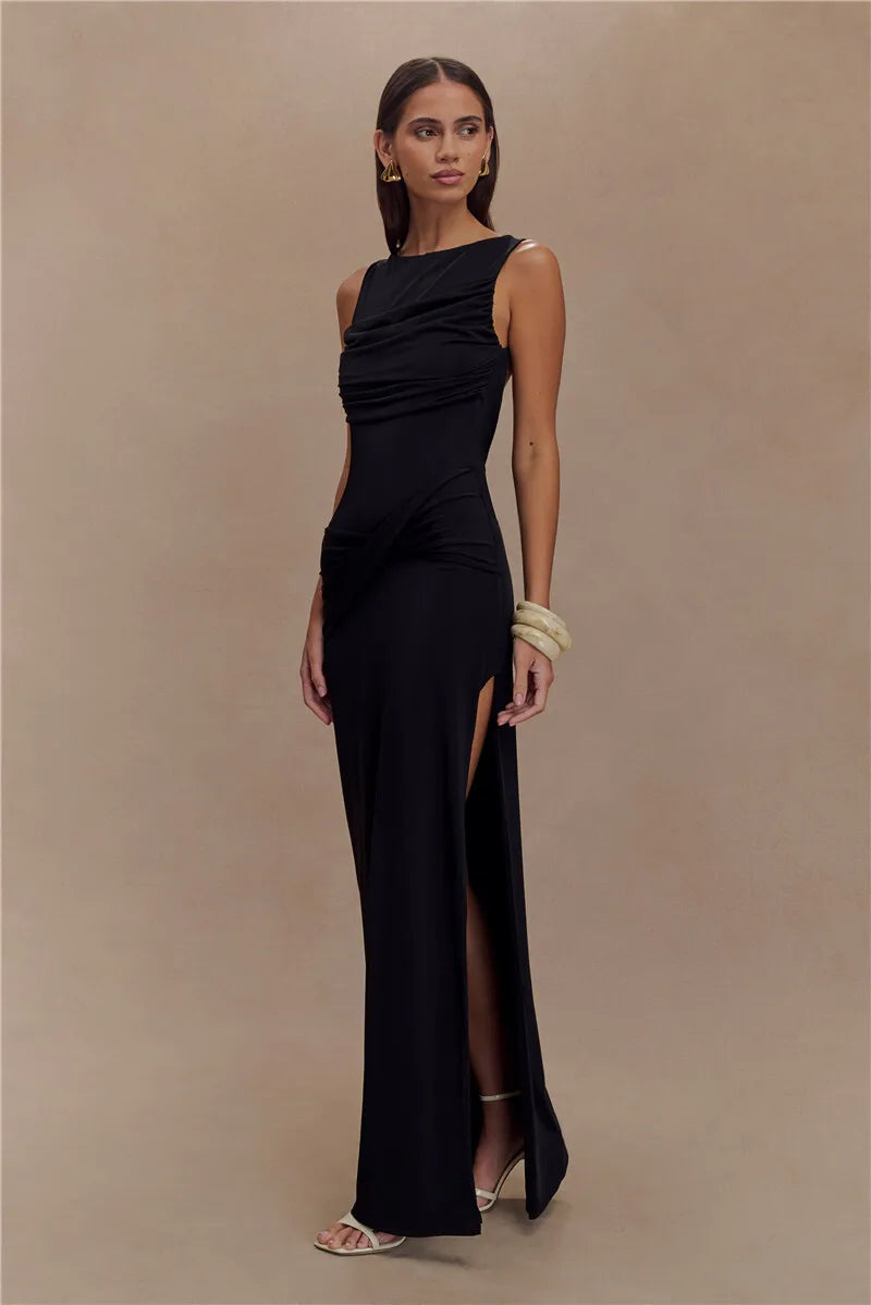 Backless Ruched Maxi Tank Dress with Split