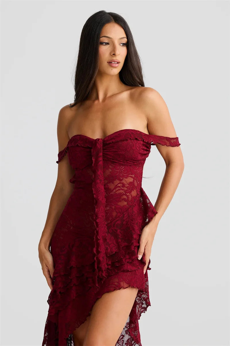 Mozision Lace Ruffle Sexy Maxi Dress Summer Off-shoulder