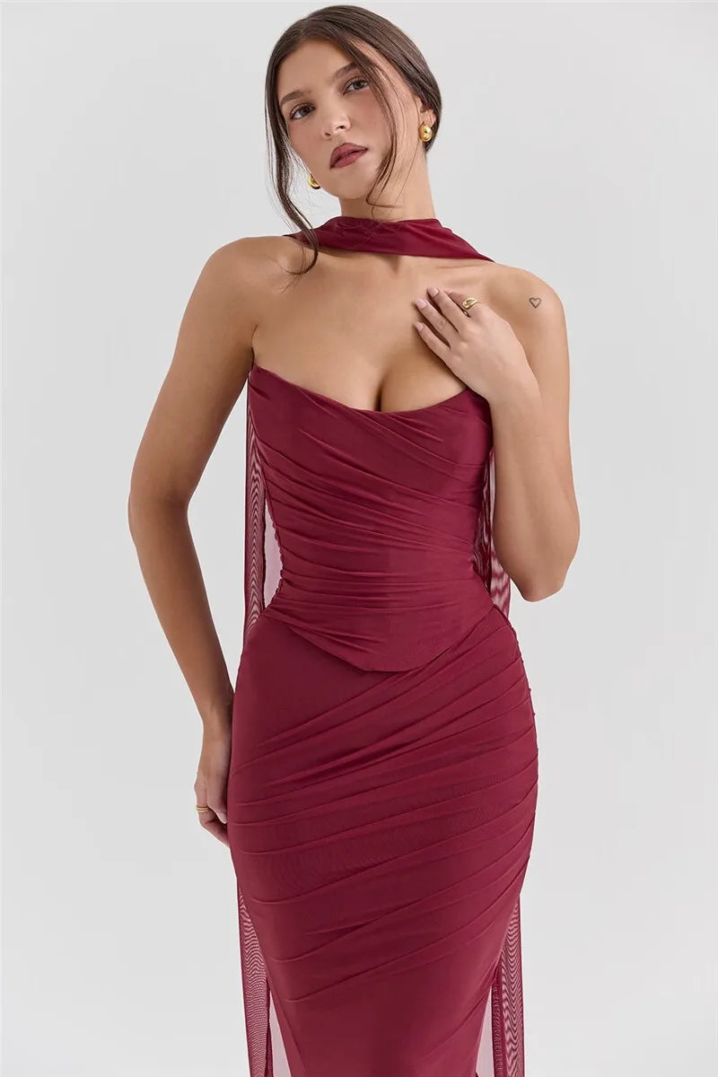 Mozision Wine Red Sexy Two Piece Sets Women Neckerchief Strapless Crop Tops And Maxi Skirt Sets Club Party Skirt Two Piece Sets