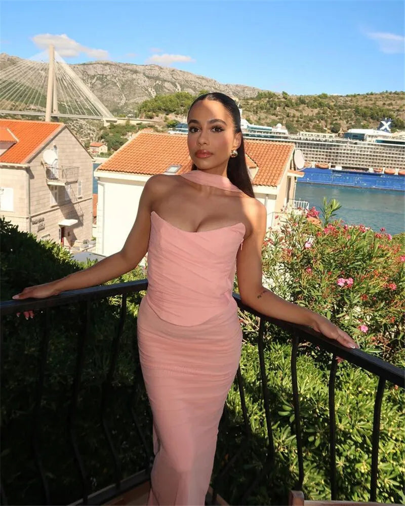 Mozision Wine Red Sexy Two Piece Sets Women Neckerchief Strapless Crop Tops And Maxi Skirt Sets Club Party Skirt Two Piece Sets