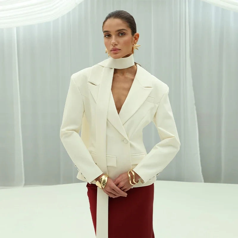 Elegant Shawl Collar Women Blazer Jacket Slim Single Button Long Sleeve Lapel Female Coat 2025 Spring Autumn New Lady Streetwear