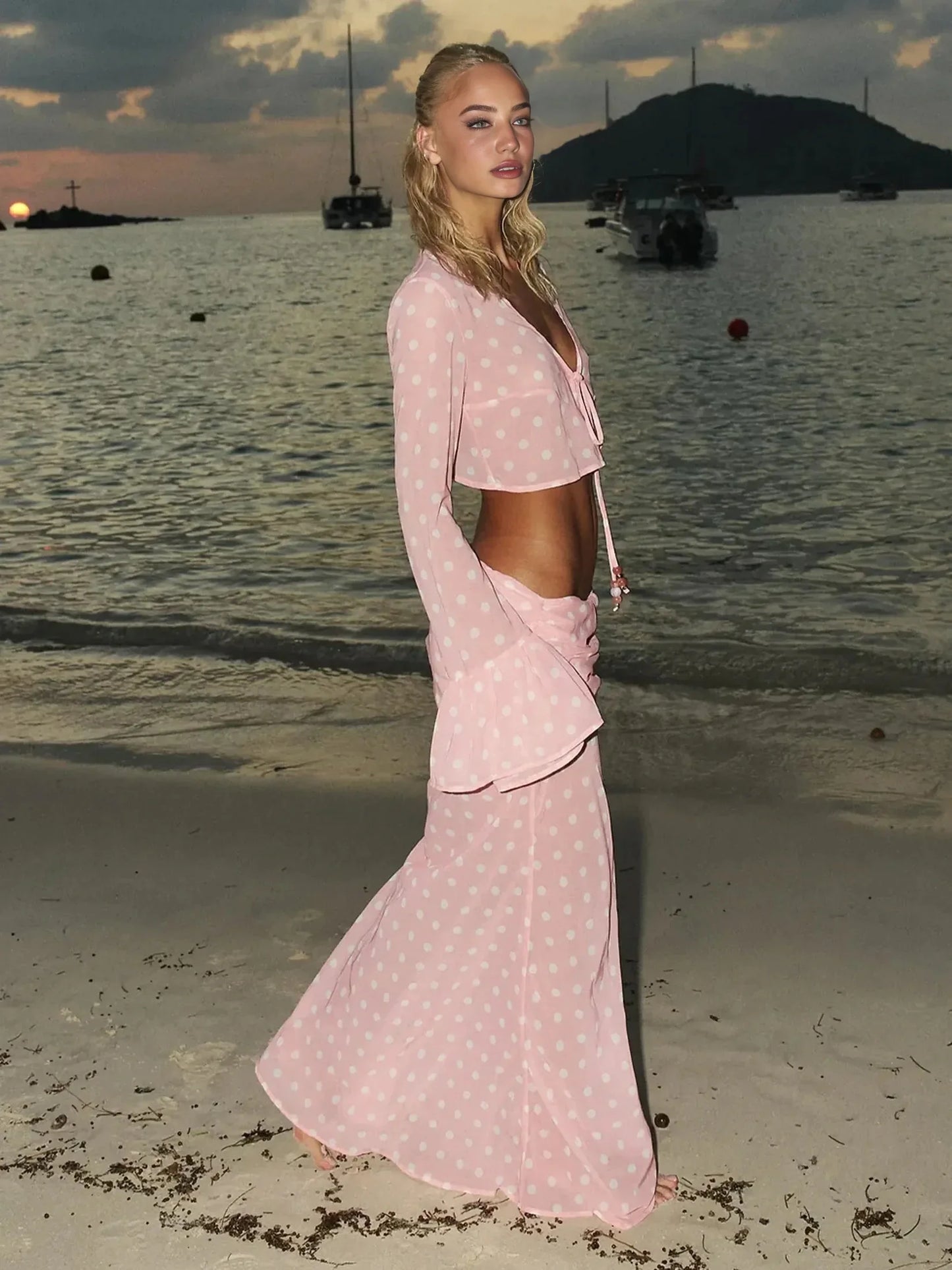 Pink Polka Dot Print Two Piece Swimsuit Cover Up Bell Sleeve Top Long Skirt Set Club Beach Dress