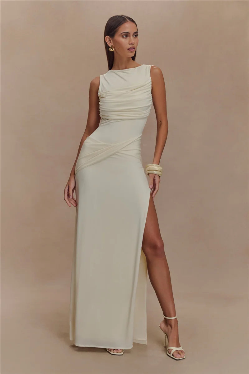 Backless Ruched Maxi Tank Dress with Split