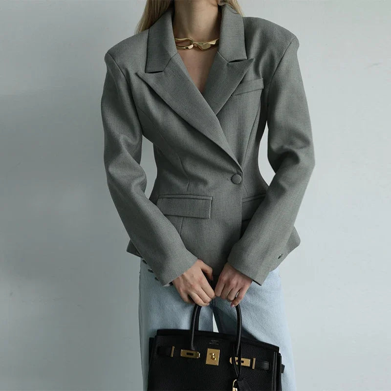 Elegant Shawl Collar Women Blazer Jacket Slim Single Button Long Sleeve Lapel Female Coat 2025 Spring Autumn New Lady Streetwear