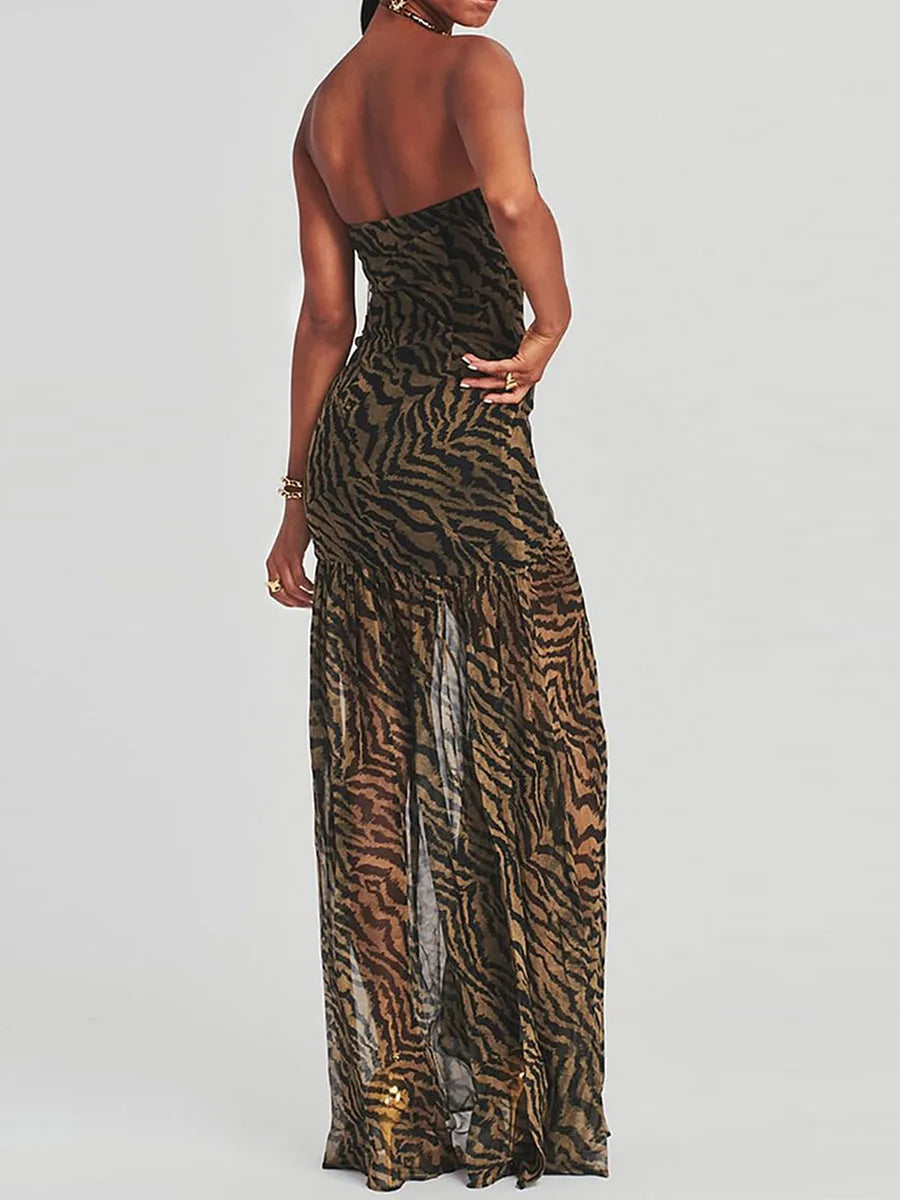 Women's Chest Wrapping Dress Slim Sexy Backless Mesh Patchwork Tropical Leopard Print High Slit Long Dress for Party Club Night