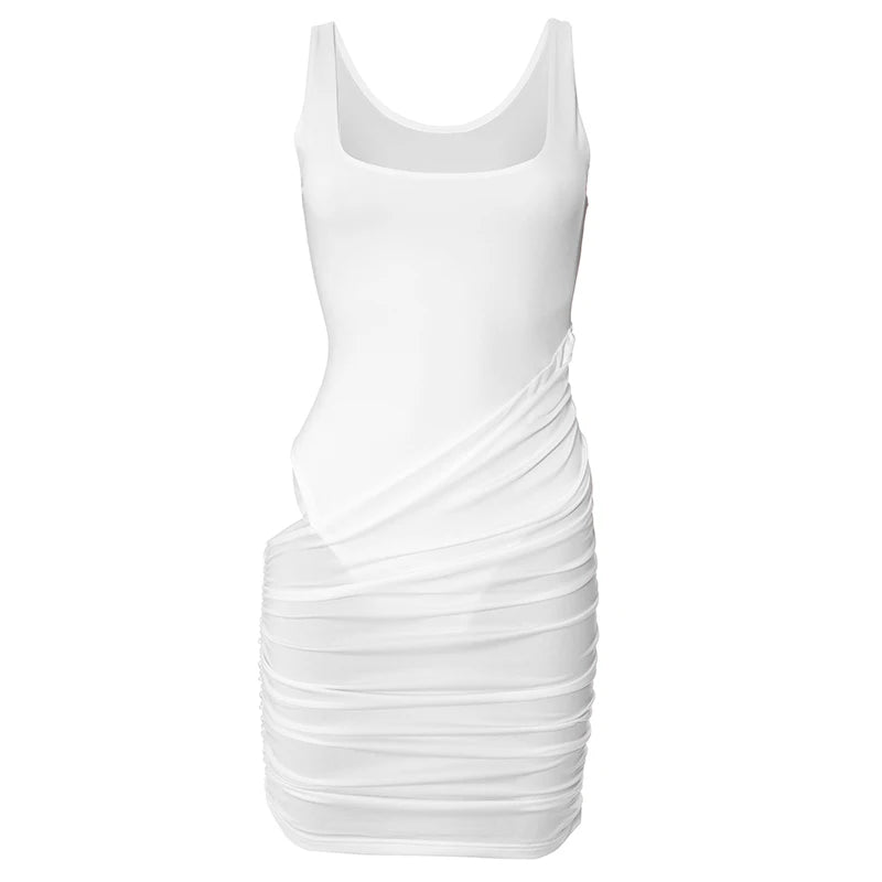Solid Color U-Neck Sleeveless Waist Hollow Out Sexy Vest Package Hip Dresses Causal Simple