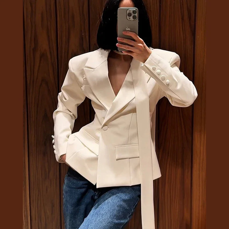 Elegant Shawl Collar Women Blazer Jacket Slim Single Button Long Sleeve Lapel Female Coat 2025 Spring Autumn New Lady Streetwear