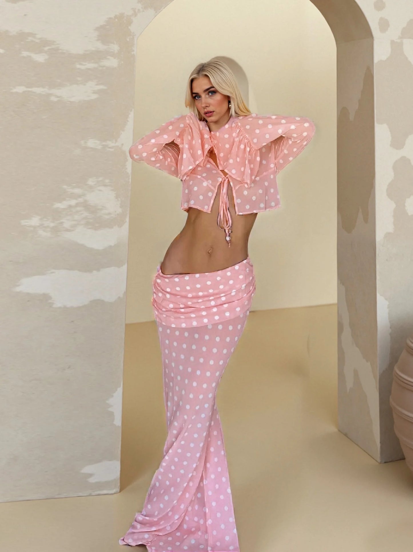 Pink Polka Dot Print Two Piece Swimsuit Cover Up Bell Sleeve Top Long Skirt Set Club Beach Dress