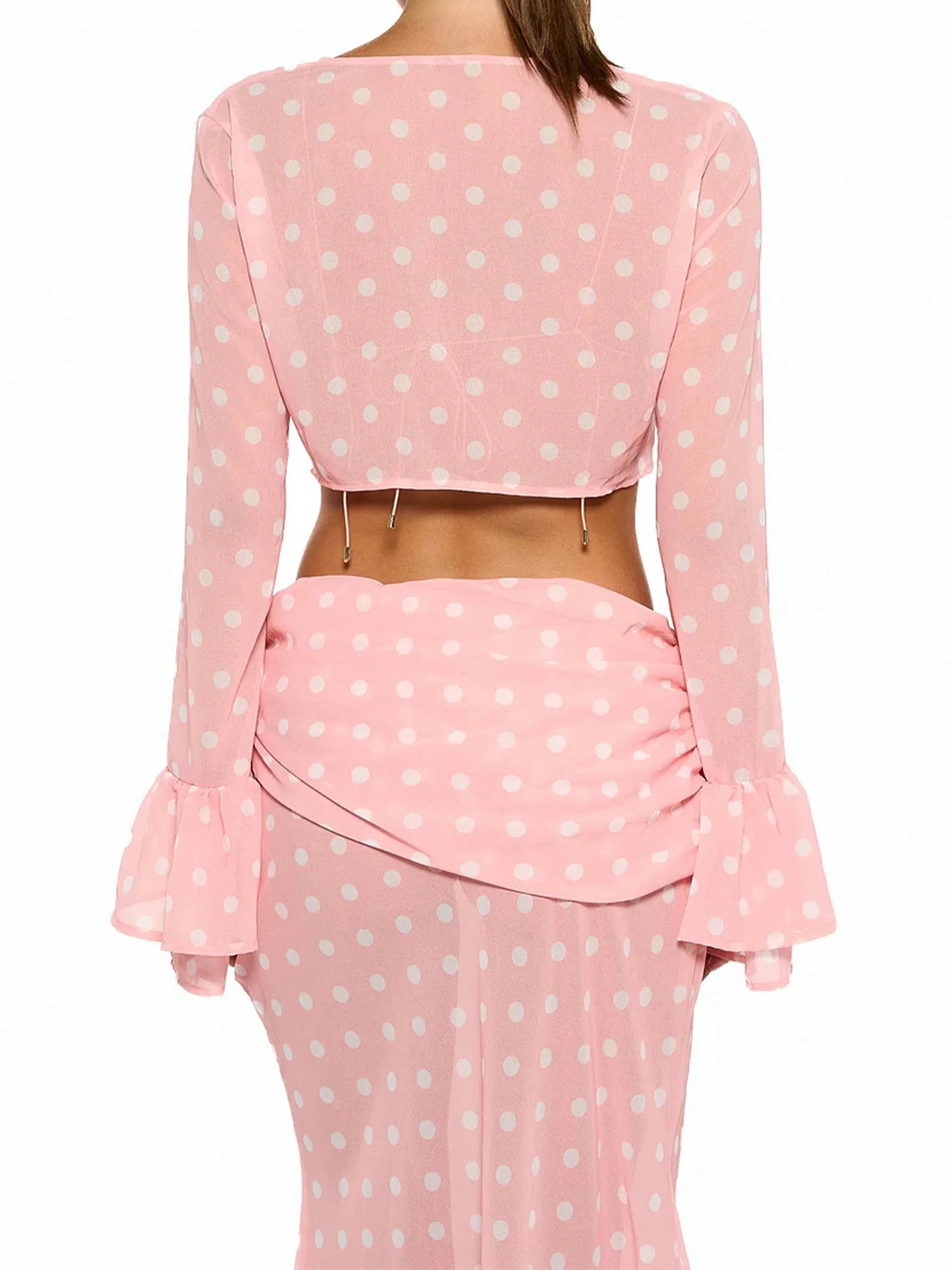 Pink Polka Dot Print Two Piece Swimsuit Cover Up Bell Sleeve Top Long Skirt Set Club Beach Dress