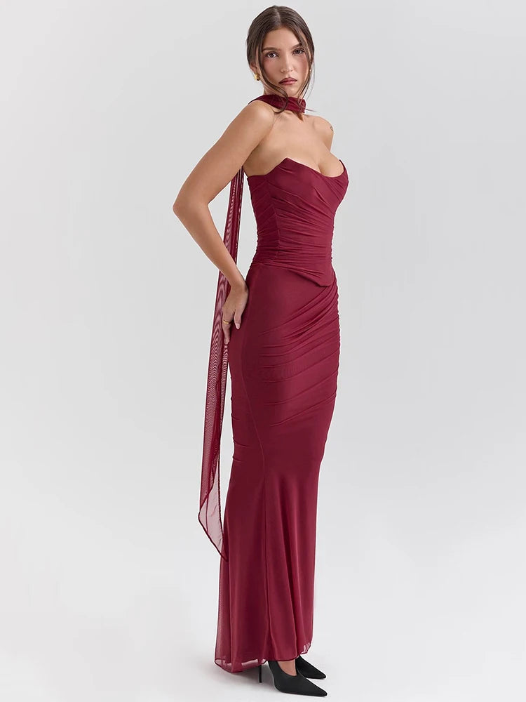Mozision Wine Red Sexy Two Piece Sets Women Neckerchief Strapless Crop Tops And Maxi Skirt Sets Club Party Skirt Two Piece Sets