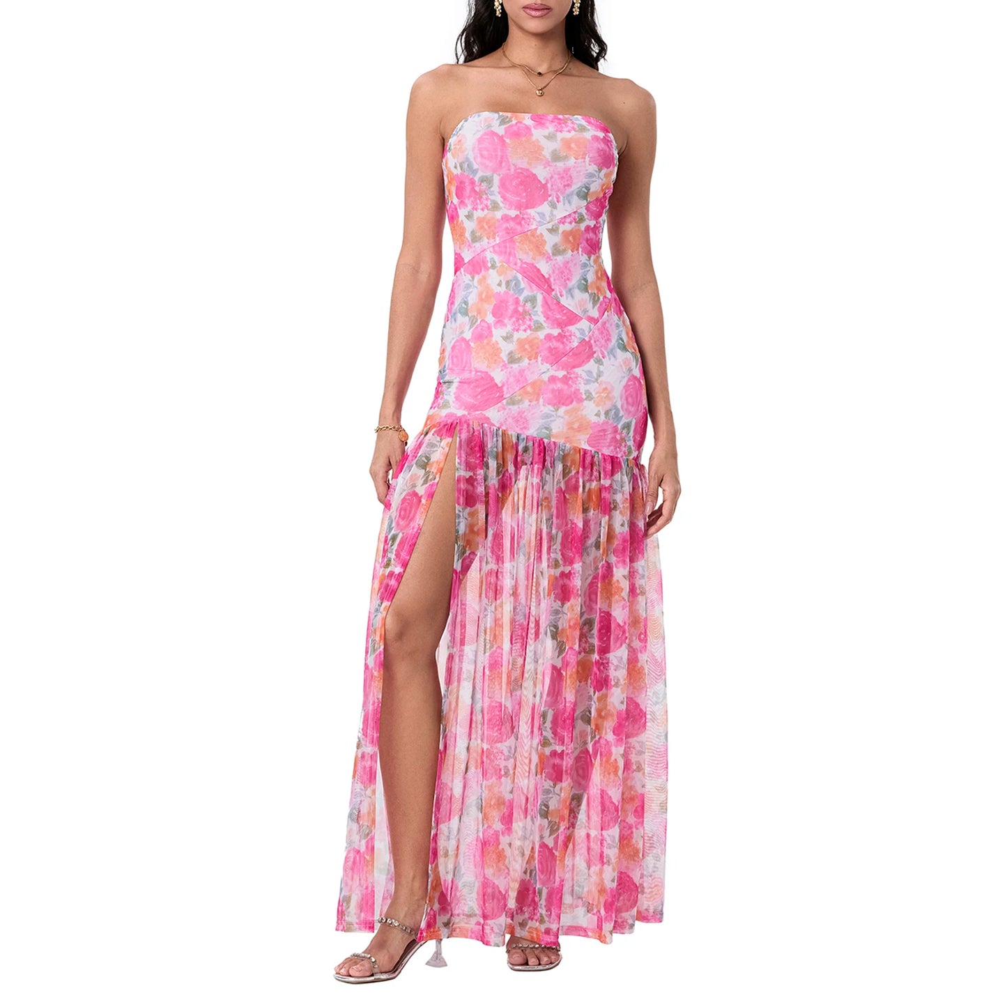 Women's Chest Wrapping Dress Slim Sexy Backless Mesh Patchwork Tropical Leopard Print High Slit Long Dress for Party Club Night