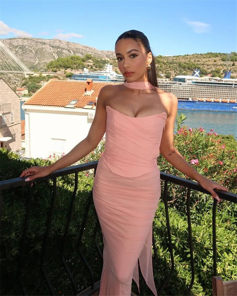 Mozision Wine Red Sexy Two Piece Sets Women Neckerchief Strapless Crop Tops And Maxi Skirt Sets Club Party Skirt Two Piece Sets