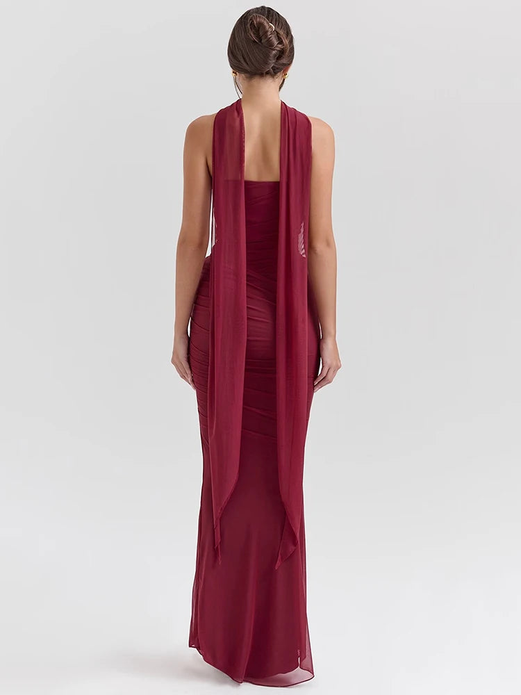 Mozision Wine Red Sexy Two Piece Sets Women Neckerchief Strapless Crop Tops And Maxi Skirt Sets Club Party Skirt Two Piece Sets