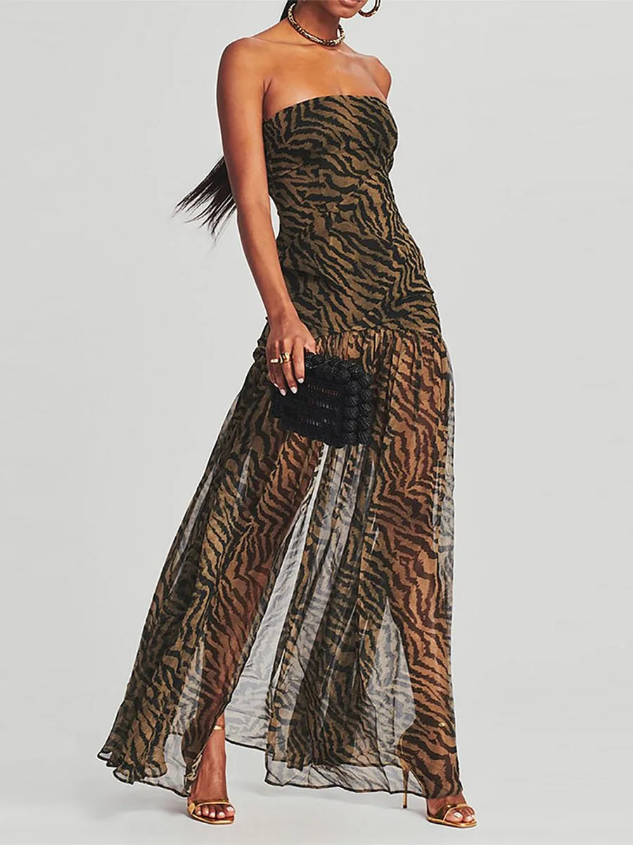 Women's Chest Wrapping Dress Slim Sexy Backless Mesh Patchwork Tropical Leopard Print High Slit Long Dress for Party Club Night