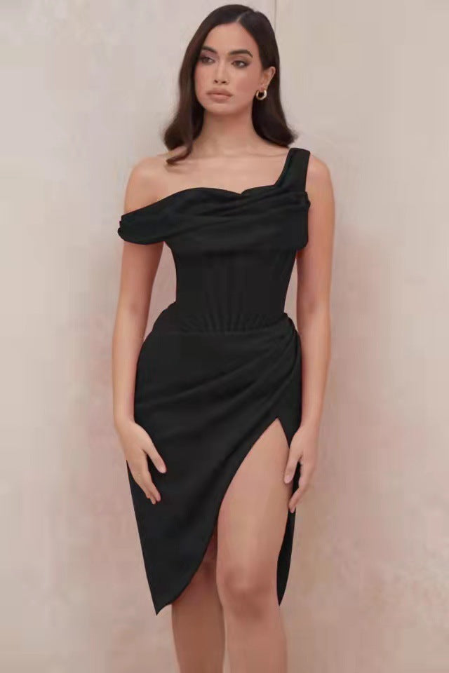 Summer Shoulder Stitching Irregular Slit Dress