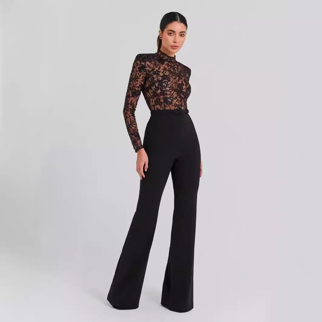 Fashionable See-through Lace Bandage Long-sleeved Trousers Women's Evening Dress Jumpsuit