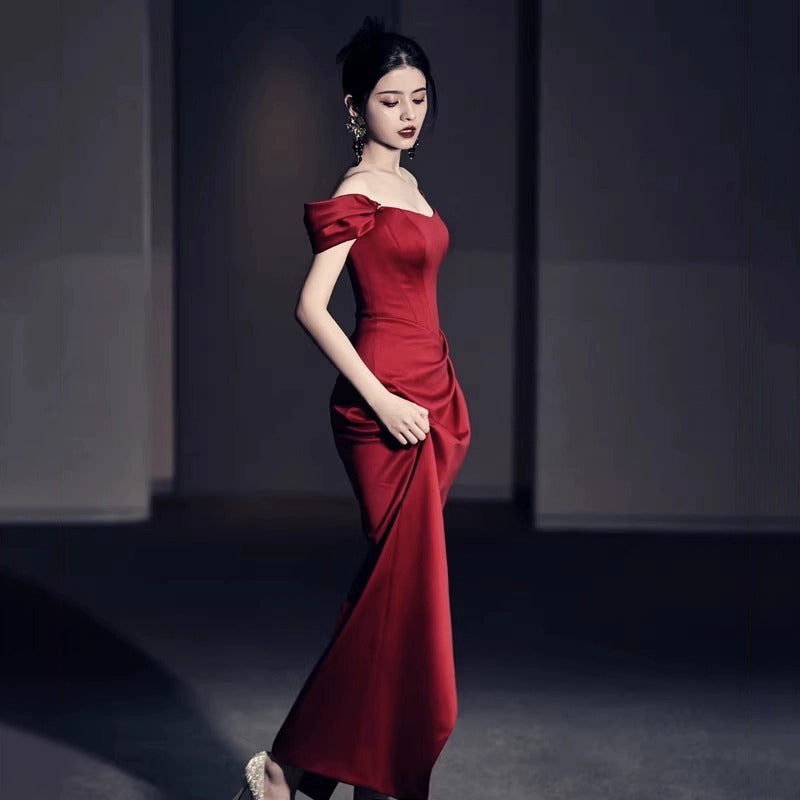 Fashion Bride Wine Red Engagement Wedding Back-to-door Cocktail Dress