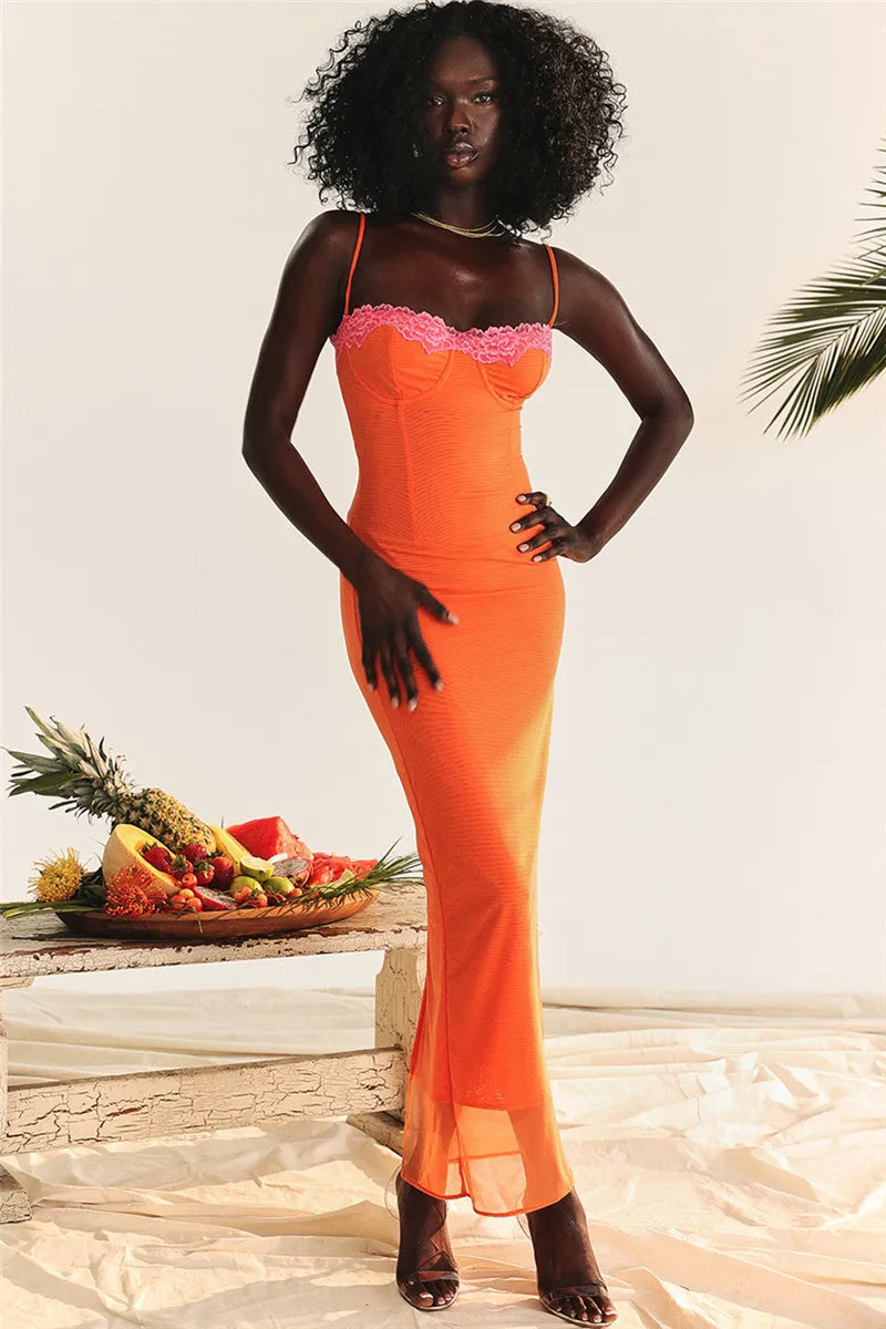 Mozision Lace Spaghetti Strap Bodycon Backless Maxi Dress