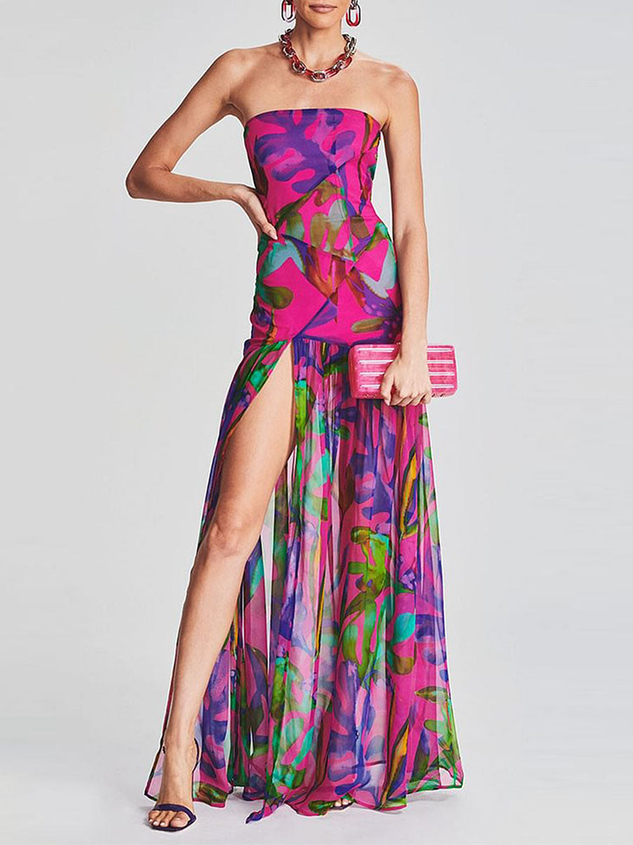 Women's Chest Wrapping Dress Slim Sexy Backless Mesh Patchwork Tropical Leopard Print High Slit Long Dress for Party Club Night