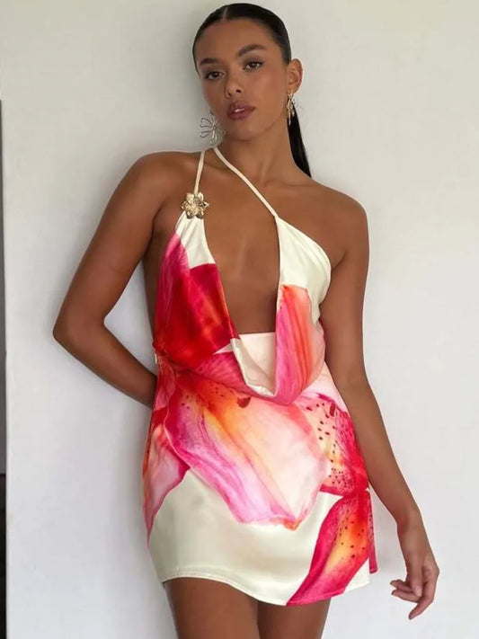 Mozision One Shoulder Backless Print Sexy Mini Dress Women Summer New Hollow Out Sleeveless Ruched Beach Club Party Dress