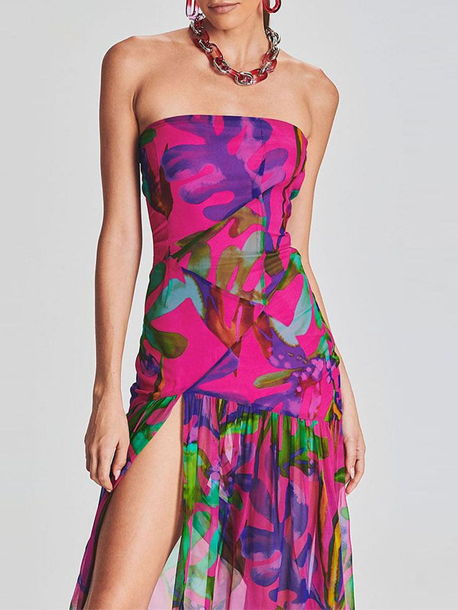 Women's Chest Wrapping Dress Slim Sexy Backless Mesh Patchwork Tropical Leopard Print High Slit Long Dress for Party Club Night