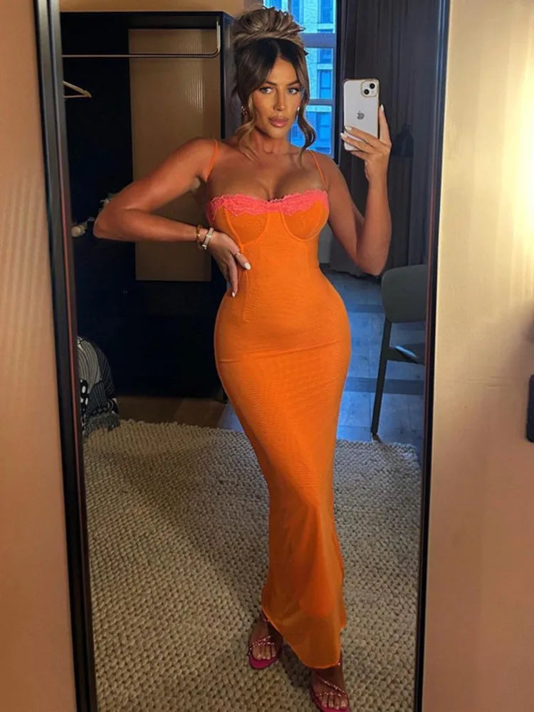 Mozision Lace Spaghetti Strap Bodycon Backless Maxi Dress