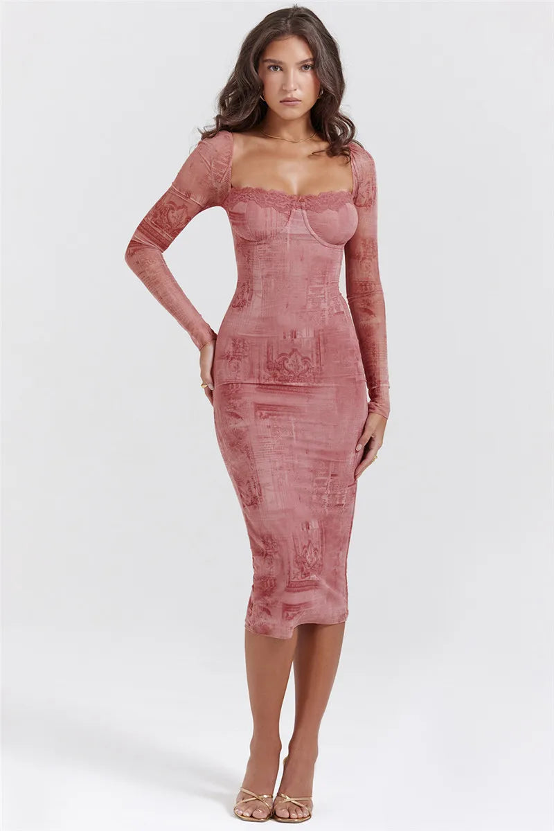 Mozision Square Collar Long Sleeve Print Midi Dress