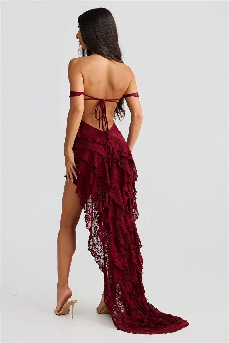 Mozision Lace Ruffle Sexy Maxi Dress Summer Off-shoulder