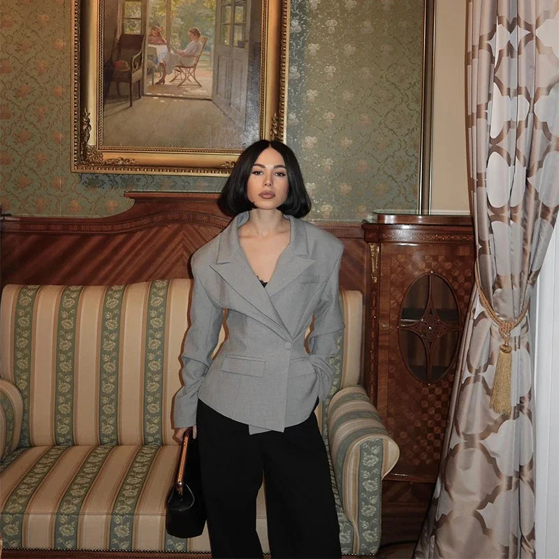 Elegant Shawl Collar Women Blazer Jacket Slim Single Button Long Sleeve Lapel Female Coat 2025 Spring Autumn New Lady Streetwear
