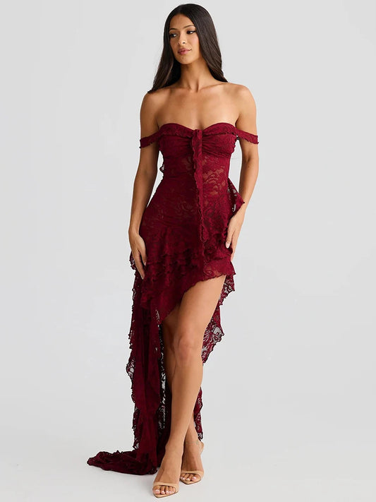 Mozision Lace Ruffle Sexy Maxi Dress Summer Off-shoulder