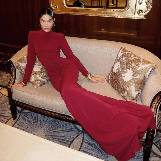 High-Collar Long-Sleeved With Shoulder Pads Shrink Pleated Package Hip Trailing Fishtail Dress