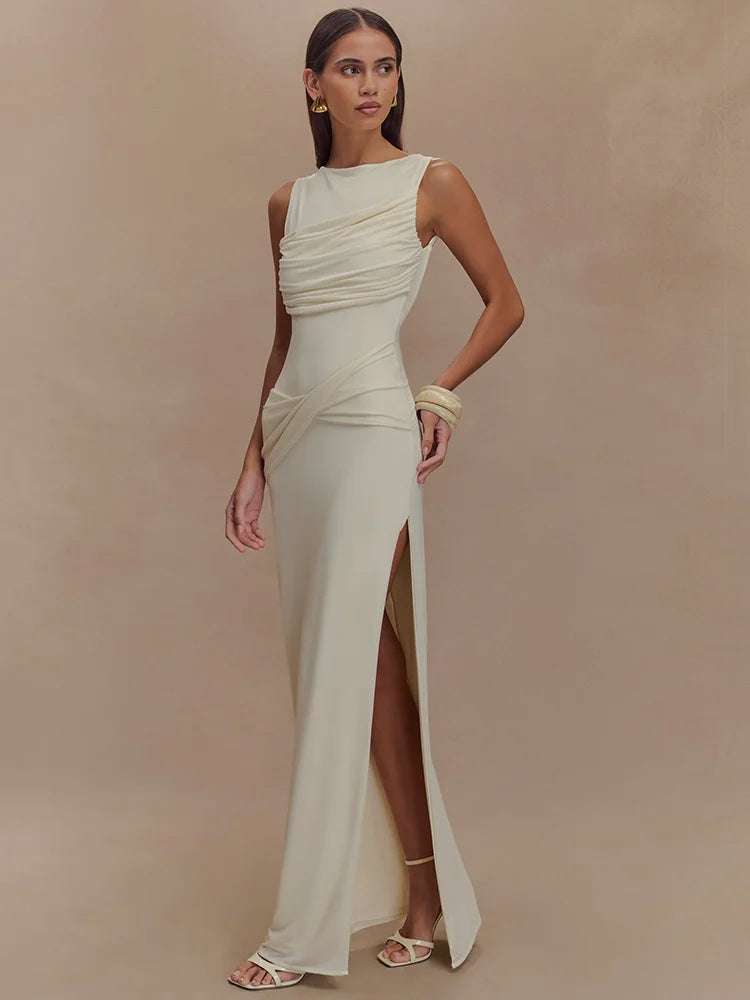 Backless Ruched Maxi Tank Dress with Split