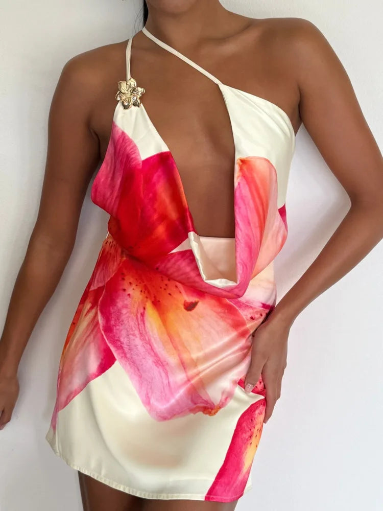 Mozision One Shoulder Backless Print Sexy Mini Dress Women Summer New Hollow Out Sleeveless Ruched Beach Club Party Dress